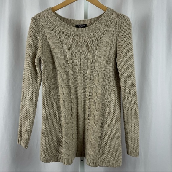 Hooked Up Large Cable Knit Neutral A Line Tunic Sweater Fall Winter Holiday - Picture 1 of 6